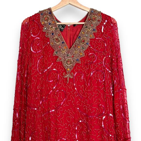 Vintage Gold Star Red 100% Silk Fully Beaded Midi Length Dress Women's Size S - Picture 3 of 15